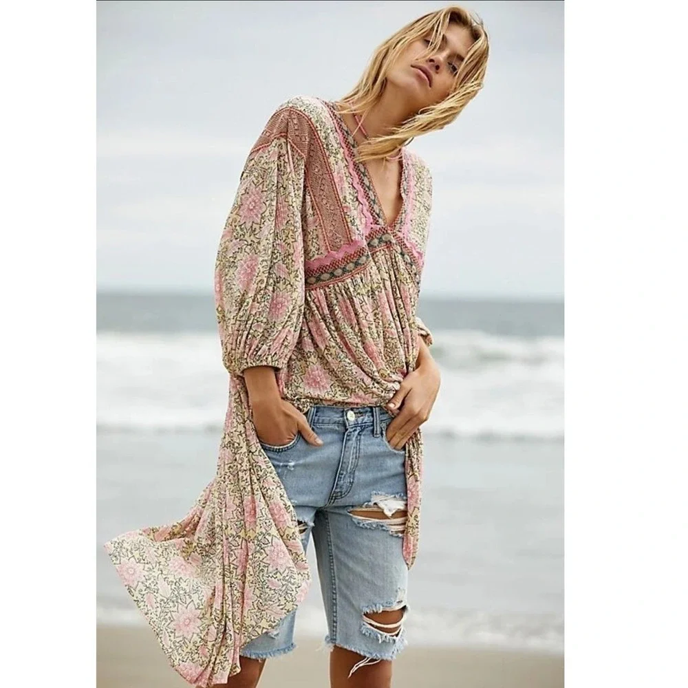 Free People XL Pink Floral Crochet Lace Moon Child Balloon Sleeve Dress Oversize
